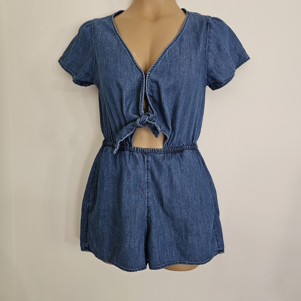 Abercrombie & Fitch‎ Denim Blue Jean Romper Shorts Peep Tie Waist Women's XS